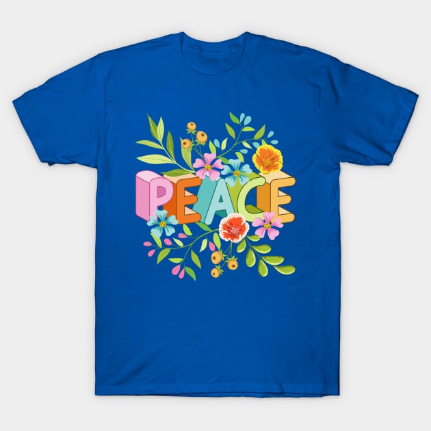 Peace 3D Lettering Floral Artwork T-Shirt by Designoholic